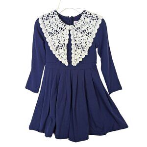 Happy Rose Girls size 10 Navy Cotton Knit Dress Crouched Lace Collar Stunning